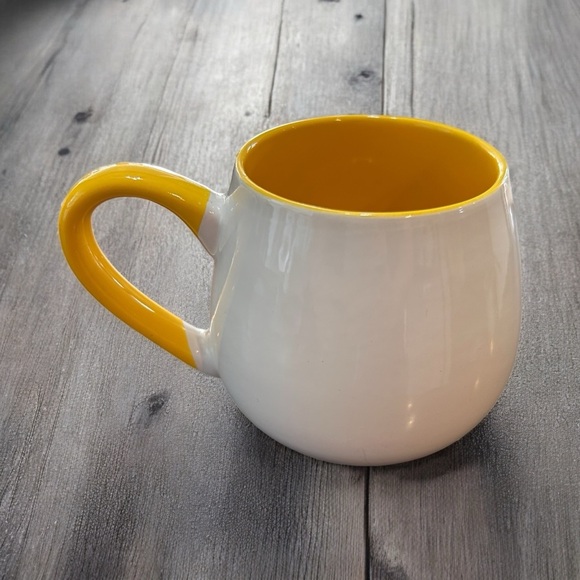 Pier 1 Import Happy Coffee Mug Tea Cup White Yellow Hand painted Stoneware - Picture 3 of 5